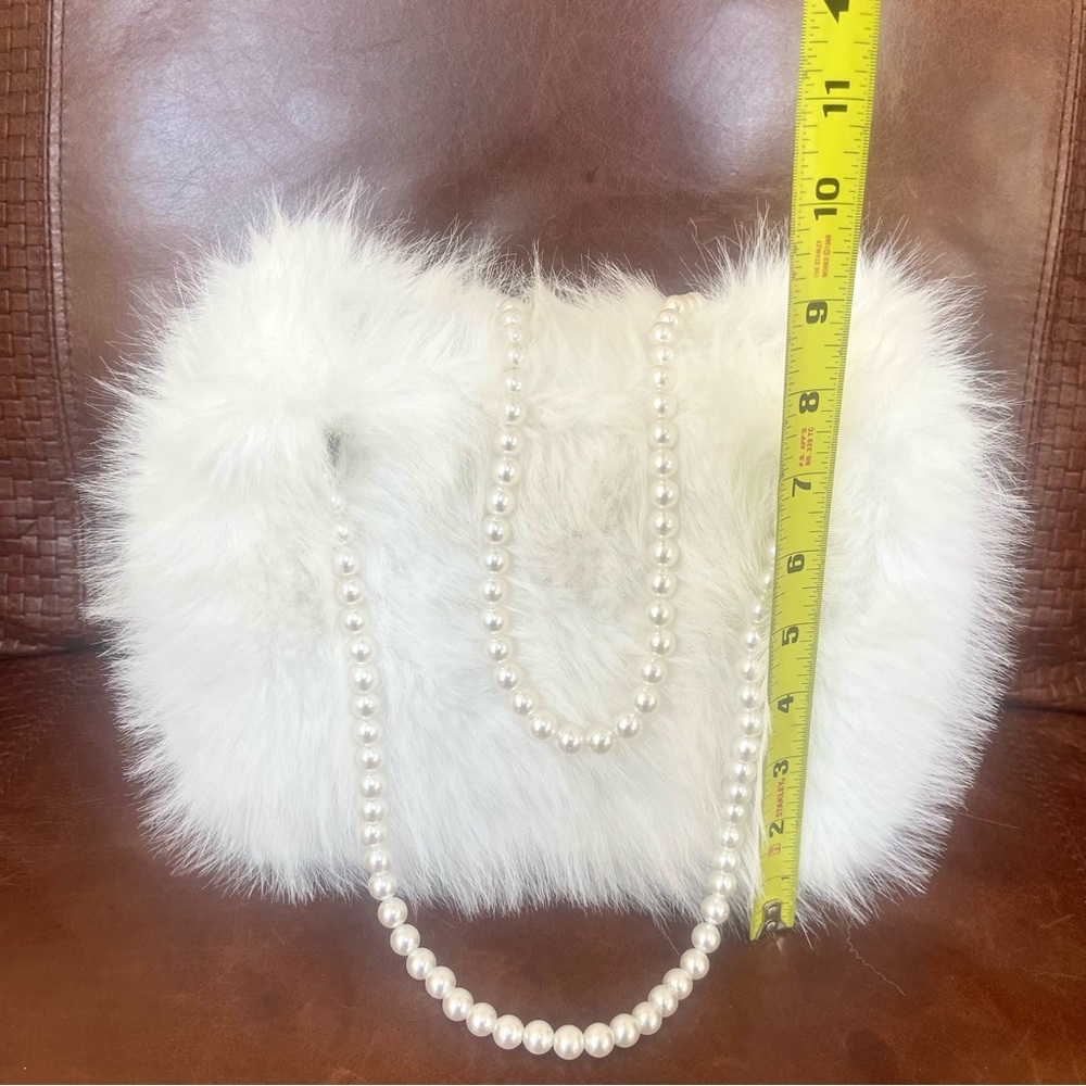 Genuine Fox Fur & Pearl Embossed Handle Straps Satchel Bag In Snow White Color - Picture 7 of 9